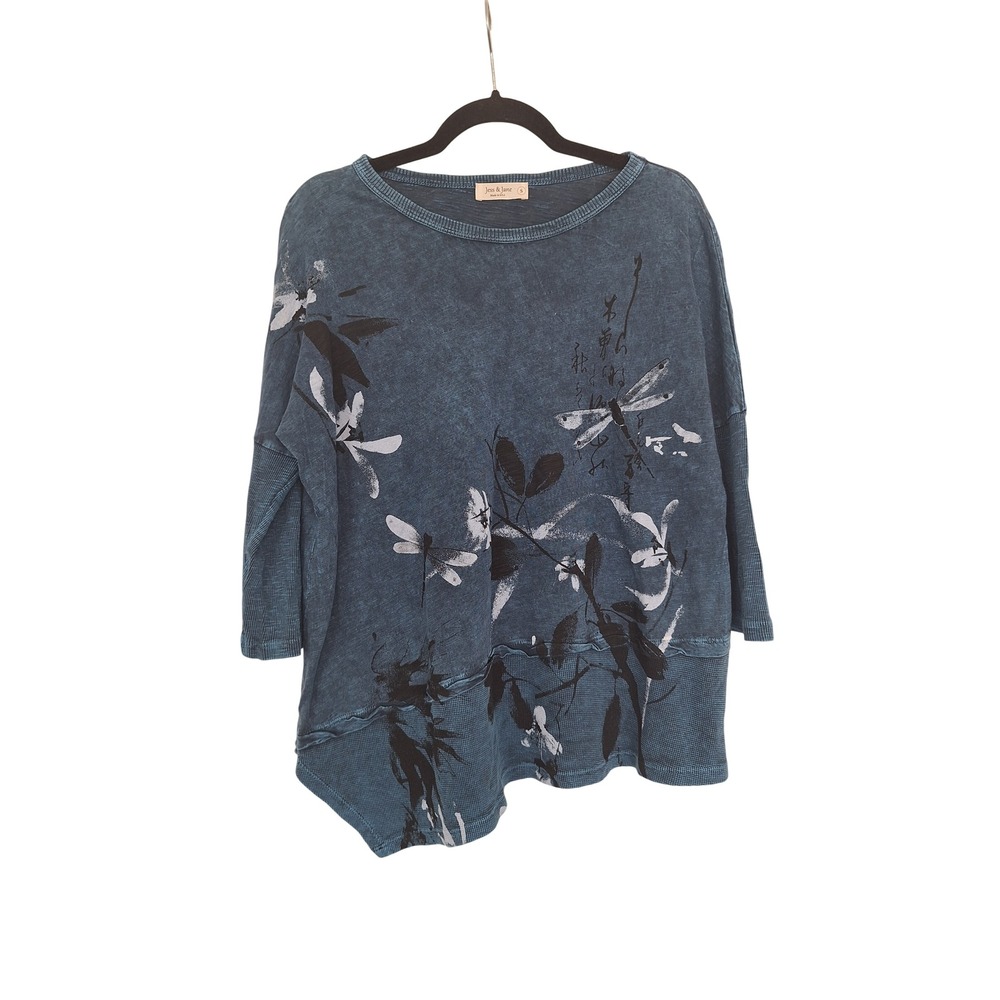 Jess & Jane Womens Small Teal Mineral Wash Dragonfly Asymmetrical Top M41-000